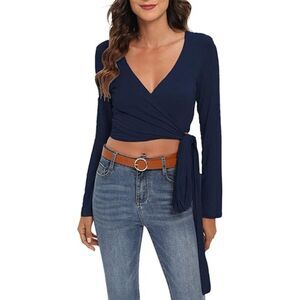 Sexy Deep V Neck Bandage Surplice Wrap Crop Top, XL, 3D-144T010